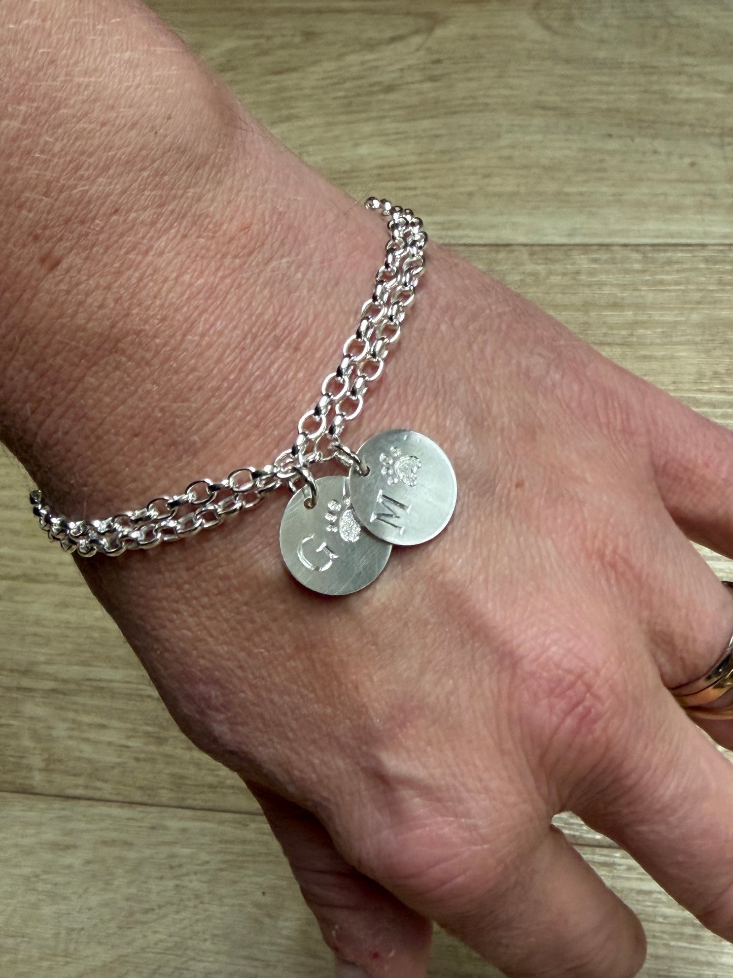double initial and pet paw disc bracelet