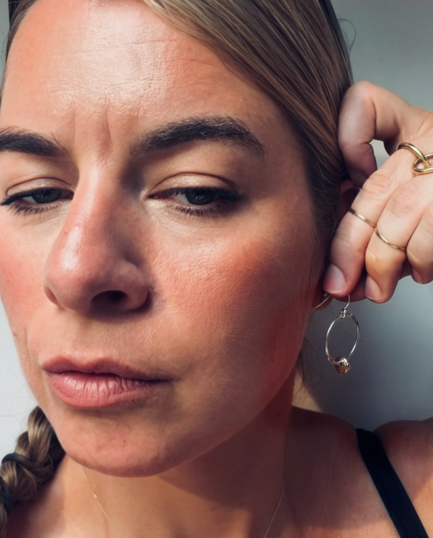 silver hoop drop earrings with solid gold nugget charms