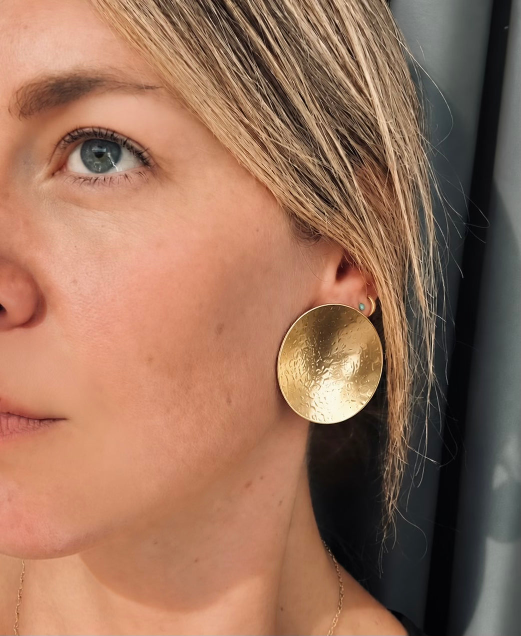 Extra Large Concave Gold Plated Hammered circle stud earrings