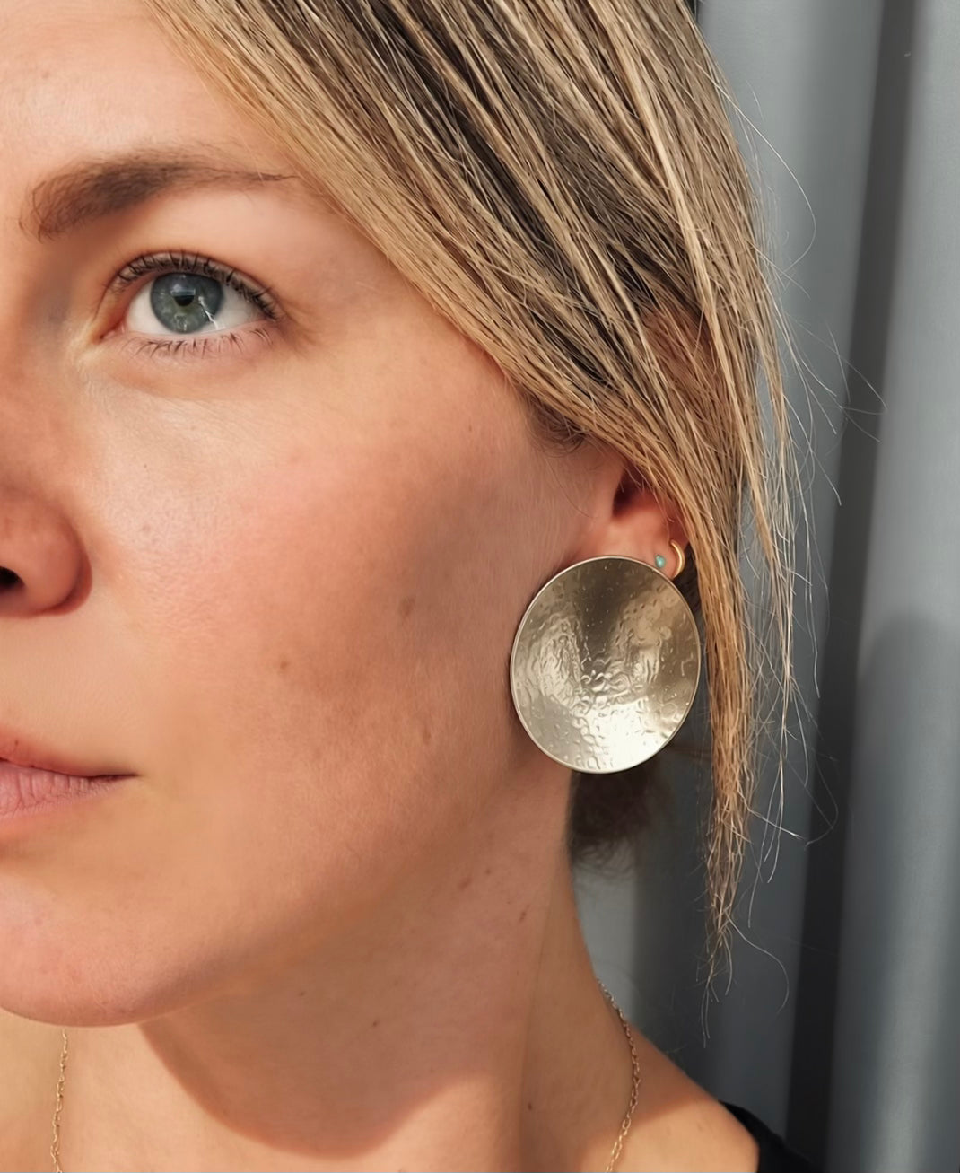 Extra Large Concave Silver Hammered circle stud earrings