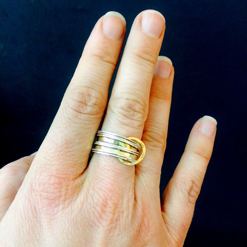 multi 18ct gold and silver hammered hoop ring