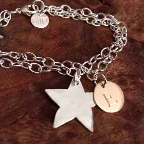 star and rose gold initial disc charm bracelet