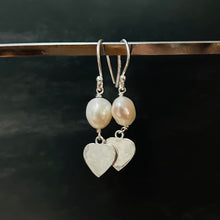Load image into Gallery viewer, White pearl earrings with silver heart drop