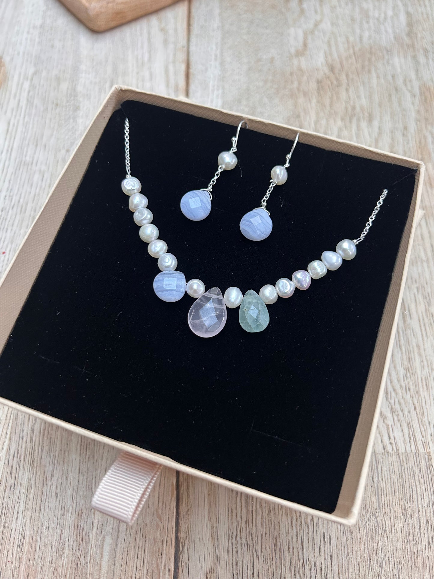 Silver, pearl, aquamarine, blue lace agate and rose quartz necklace