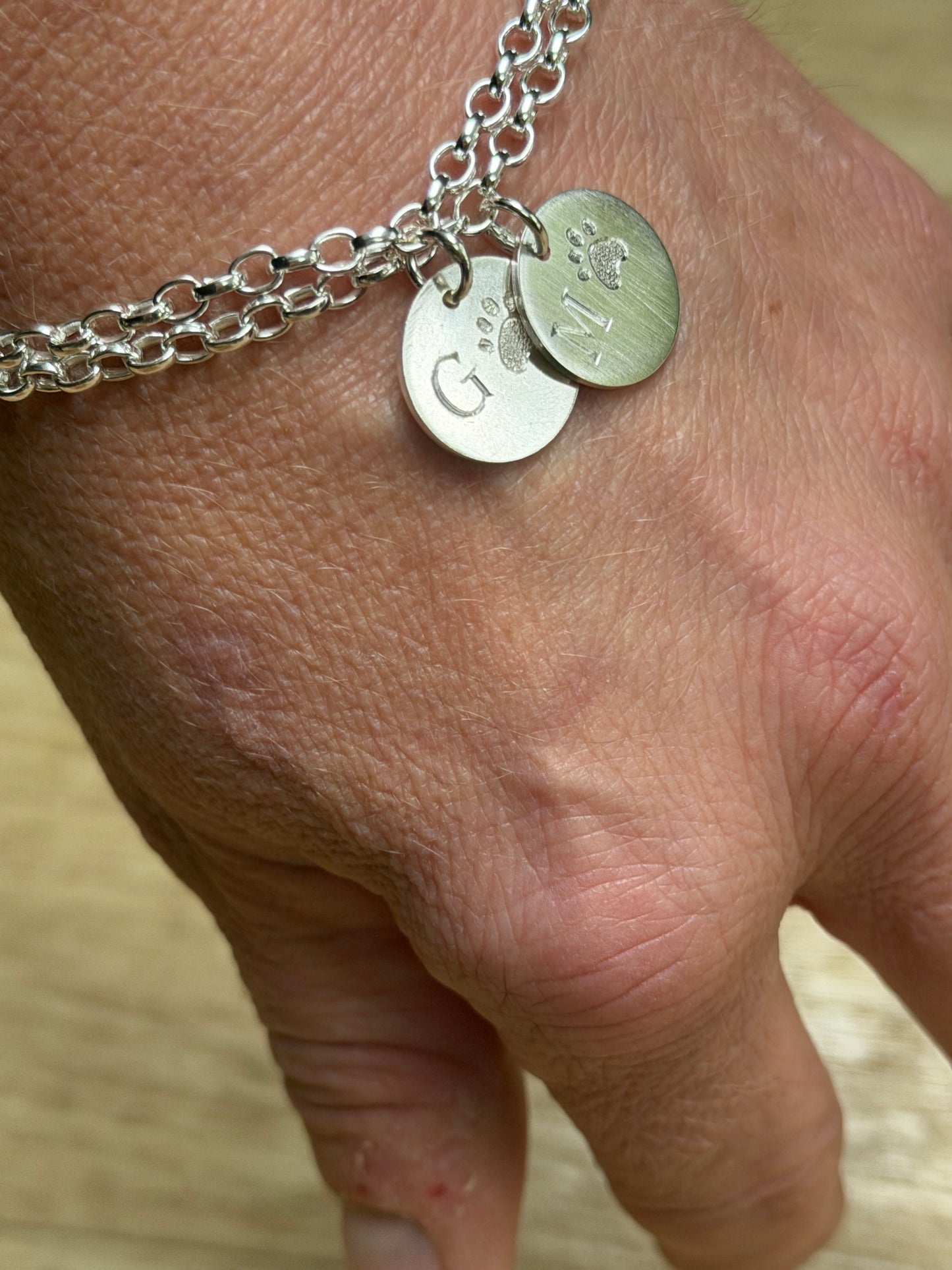 double initial and pet paw disc bracelet