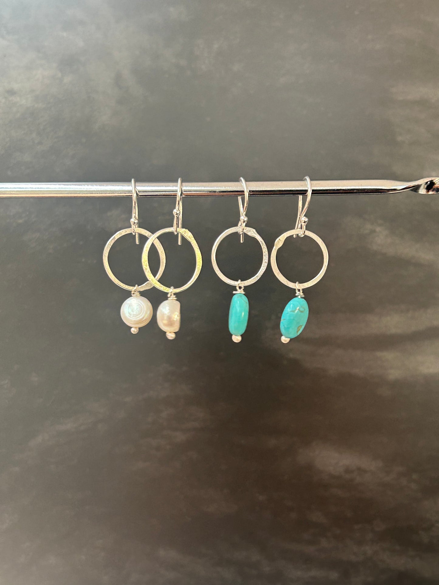 simple silver hoop and stone drop earrings