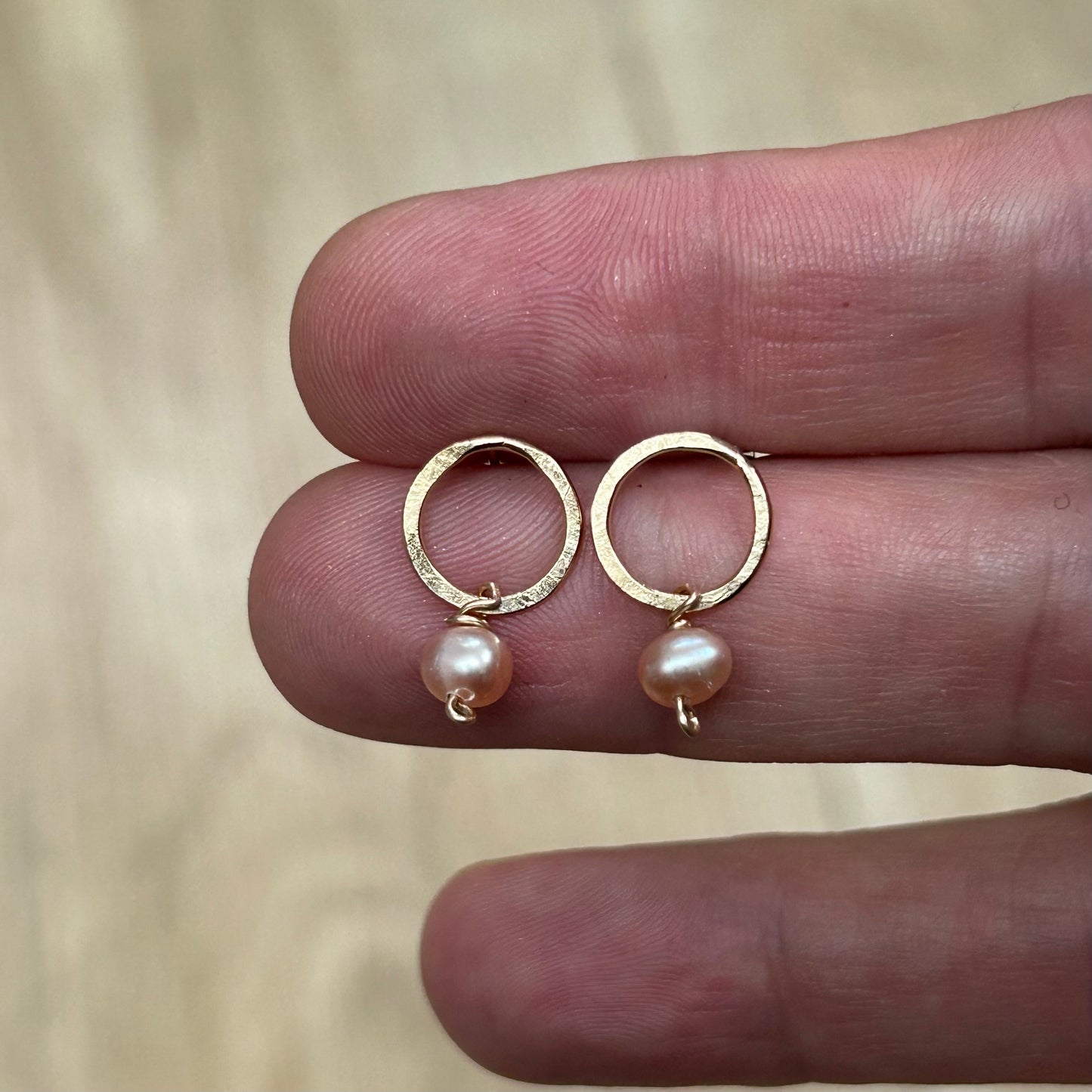 gold plated hammered hoop and pearl drop earrings