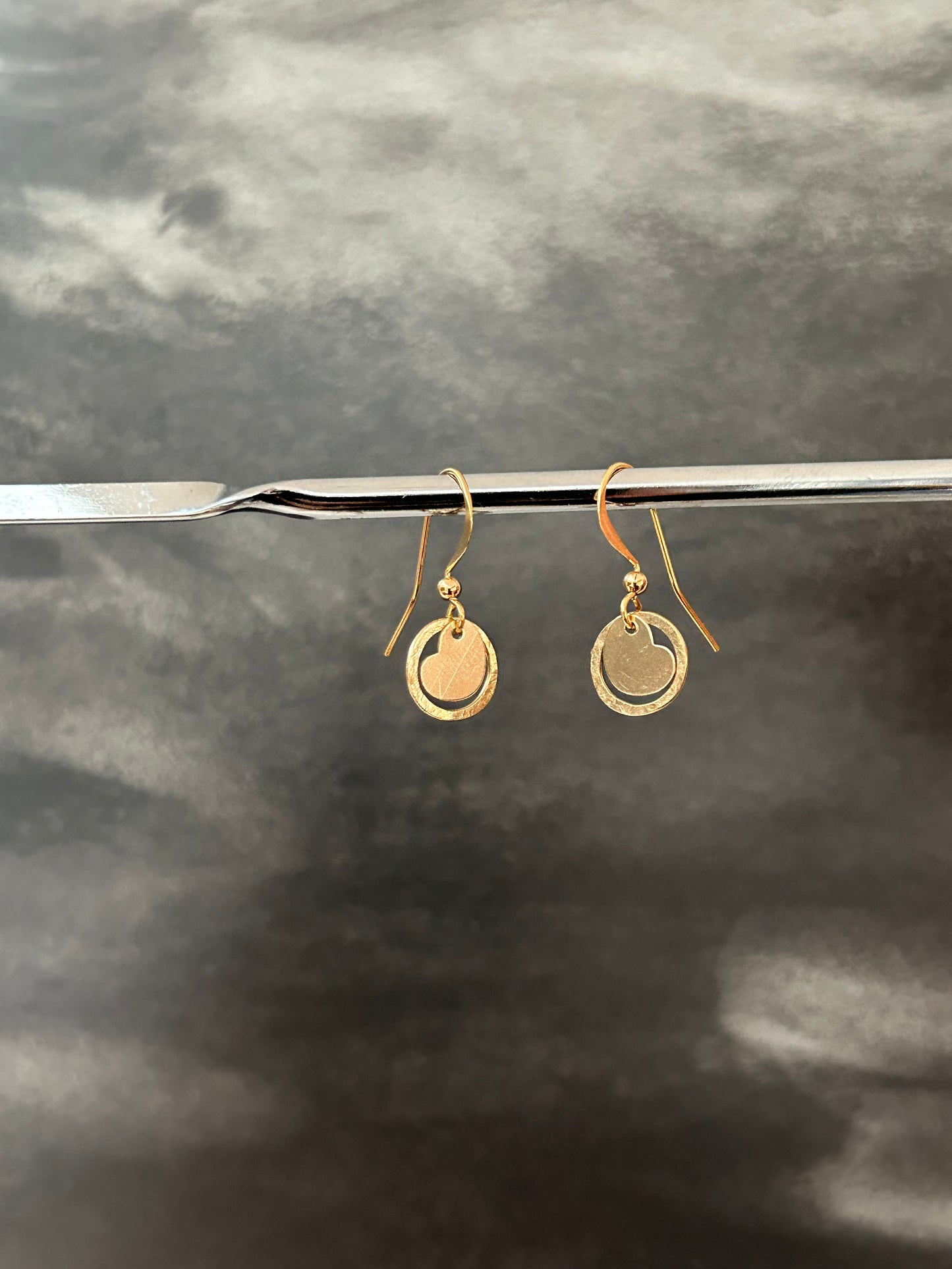 gold plated heart and hammered hoop drop earrings