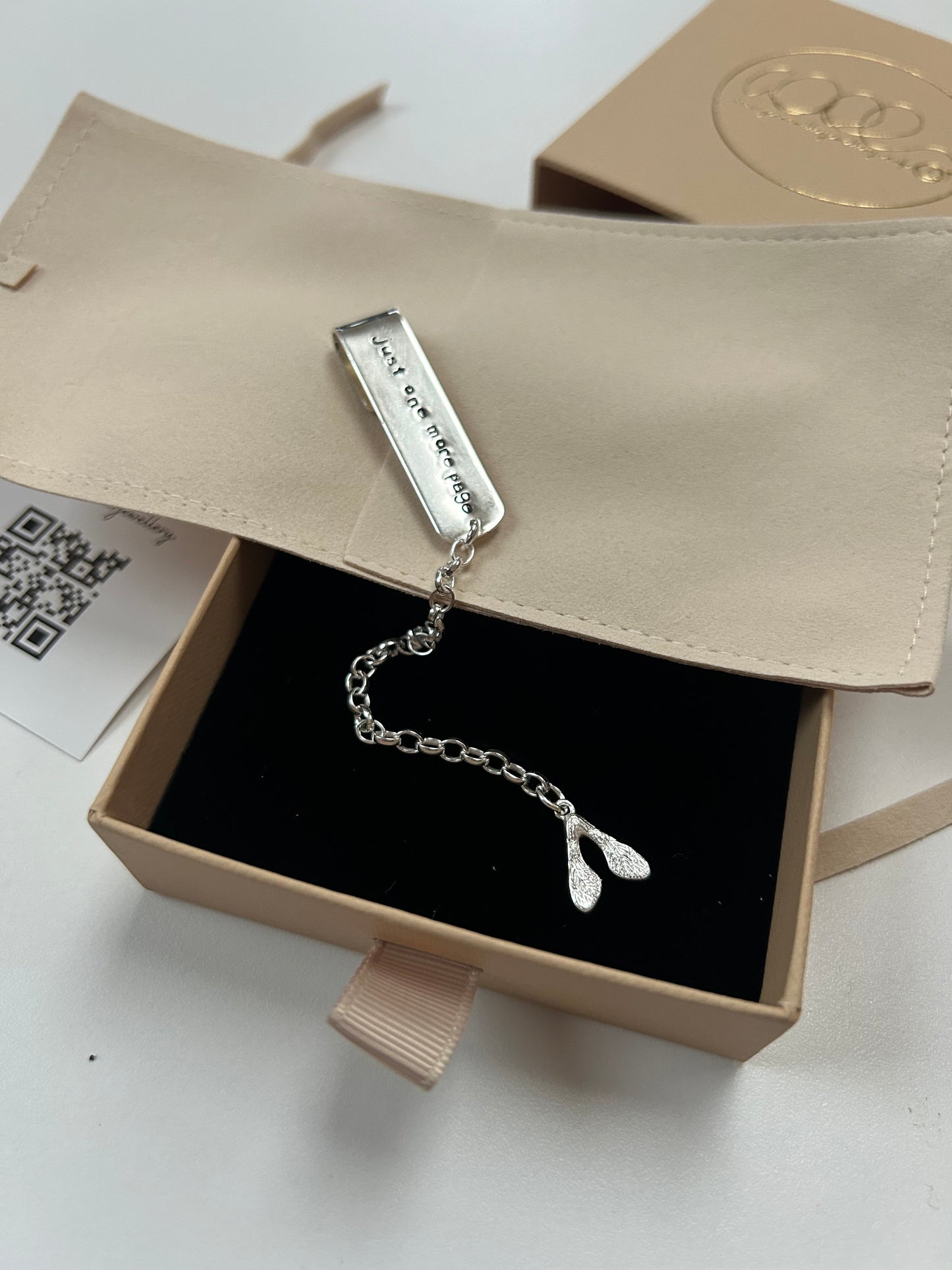 Silver personalised bookmark with sycamore charm