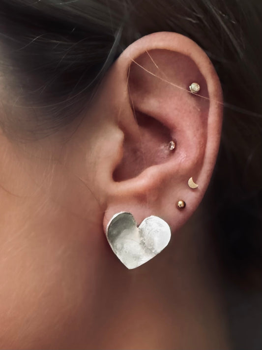 Hammered Silver Curved Heart Stud Earrings