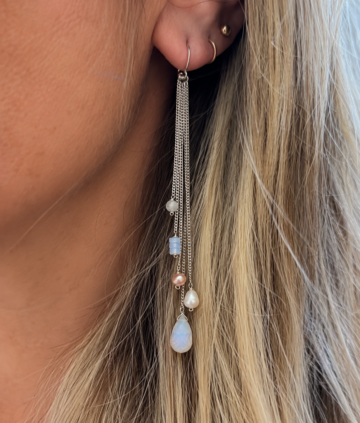 Party semi precious stone drop chain earrings
