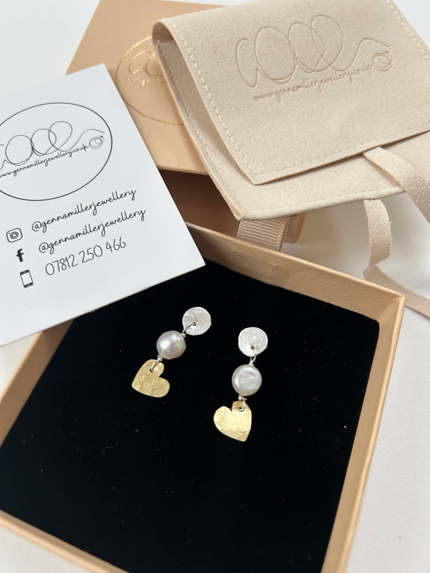 Solid gold hammered heart and pearl silver stud drop earrings