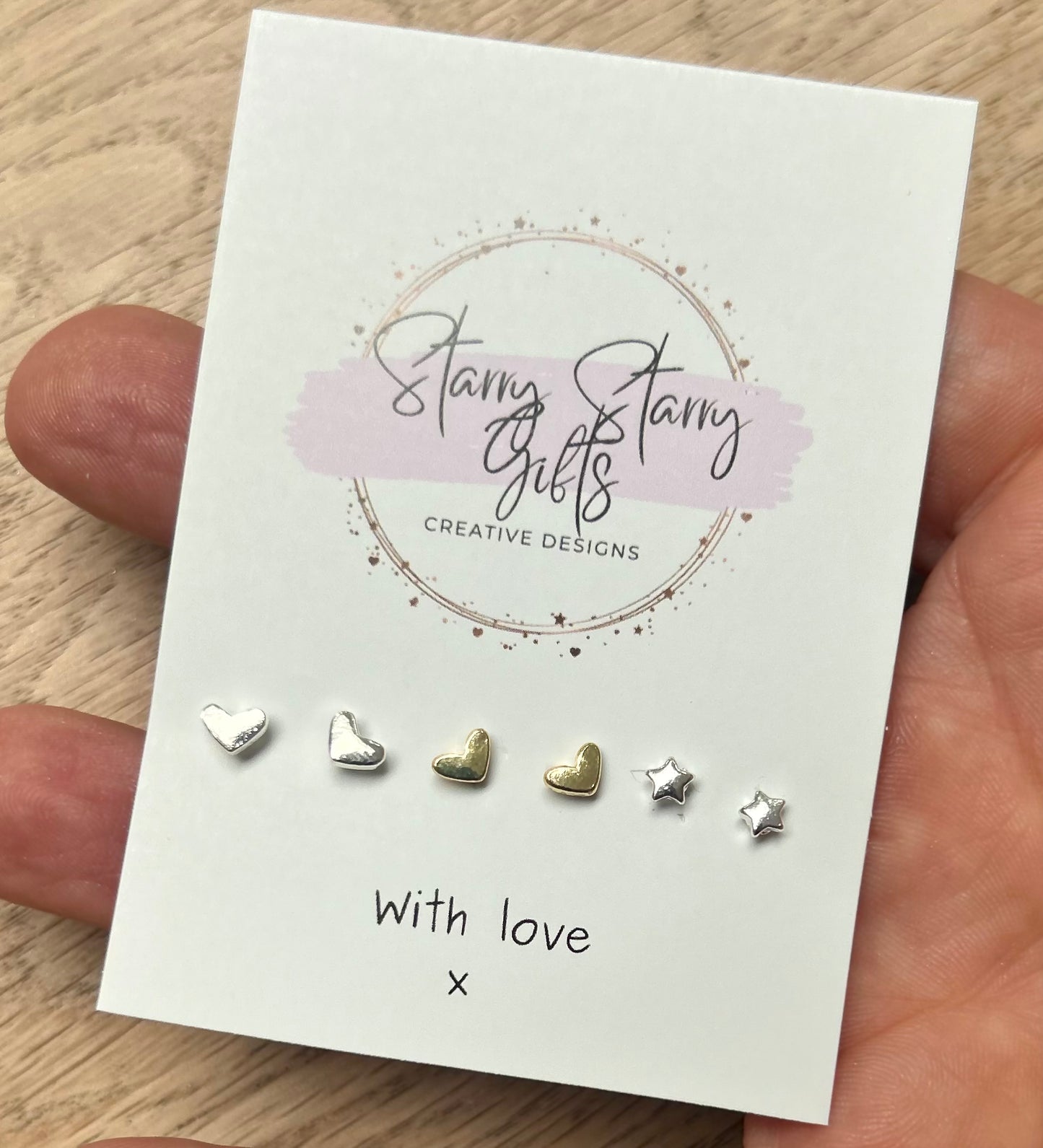 Set of 3 pairs - tiny heart and star gold and silver stud earrings