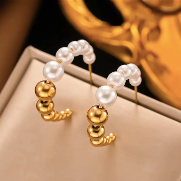 gold and pearl ball hoop earrings