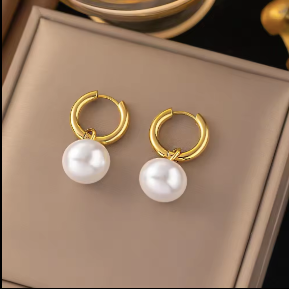 gold and round drop pearl hoop earrings