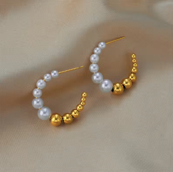 gold and pearl ball hoop earrings