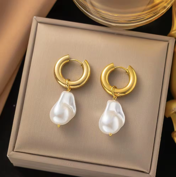 gold and irregular drop pearl hoop earrings