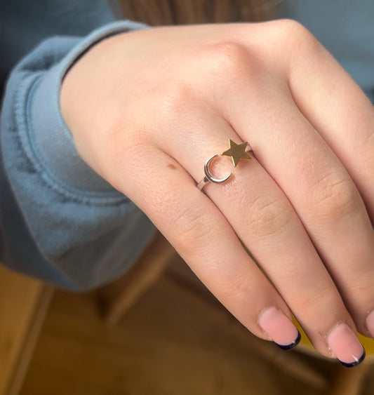 Sterling Silver Fidget Ring with Moving Star and Moon