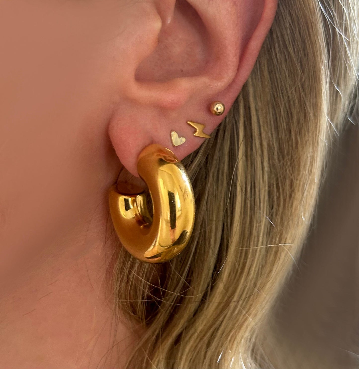 Chunky Gold and Silver C Shaped Hoop Stud Earrings