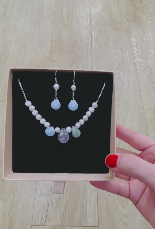 Silver, pearl, aquamarine, blue lace agate and rose quartz necklace