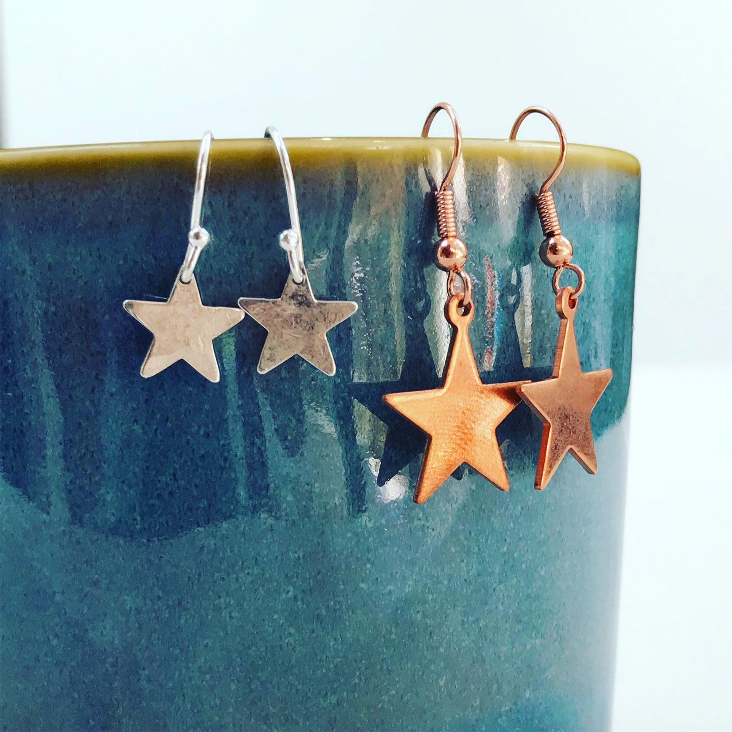 Hammered copper star drop earrings