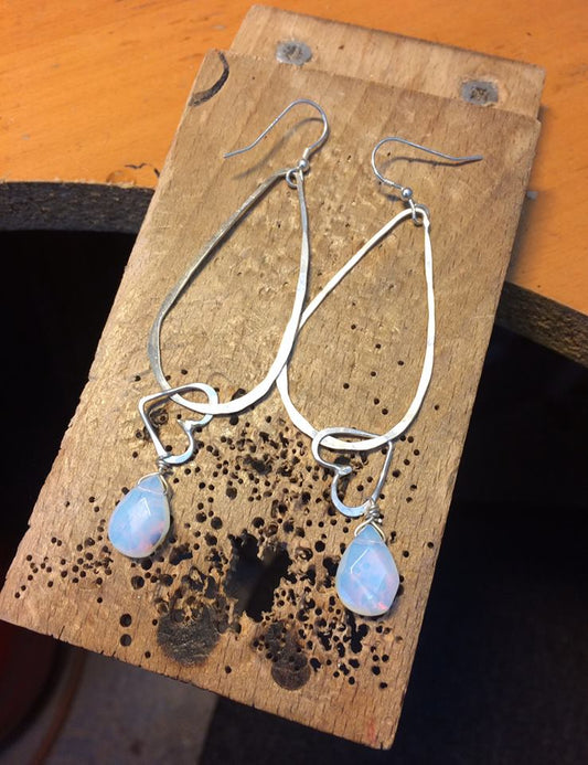 hammered silver teardrop, heart and opalite earrings