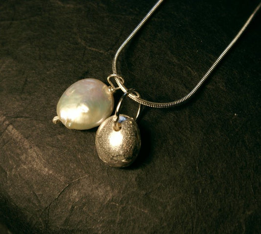 silver nugget and pearl pendant