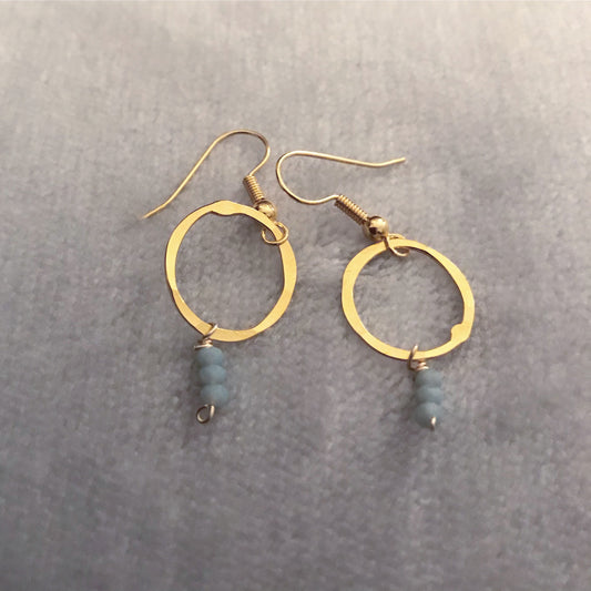 gold plated simple hoop and grey opal quartz drop earrings