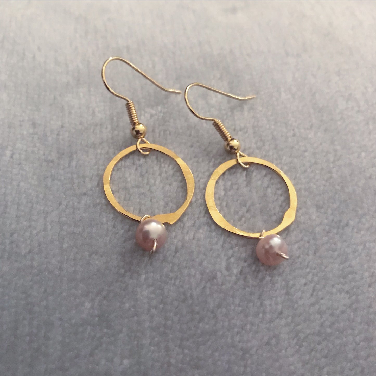 gold plated simple hoop and rose pink pearl drop earrings