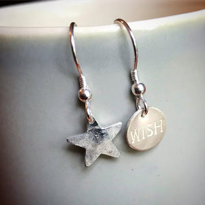 Silver wish on a star drop earrings