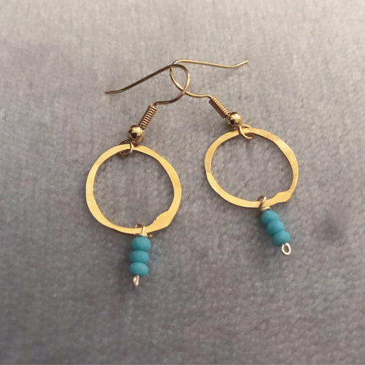 gold plated simple hoop and aqua quartz drop earrings