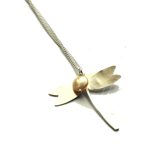 dragonfly and white pearl pendant