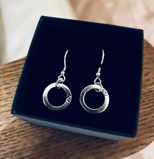 Flat silver hoop drop earrings with heart detail