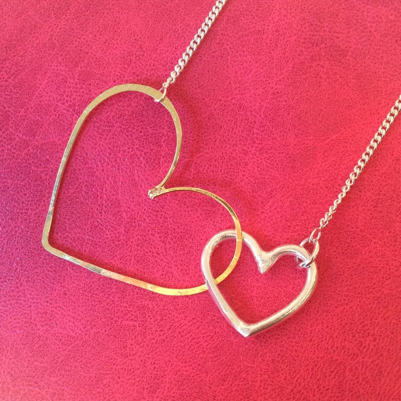 hammered gold plate and silver interlinked heart hoop necklace