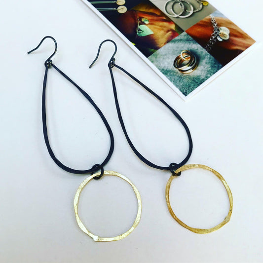 Gold plated and oxidised silver hoop and teardrop earrings