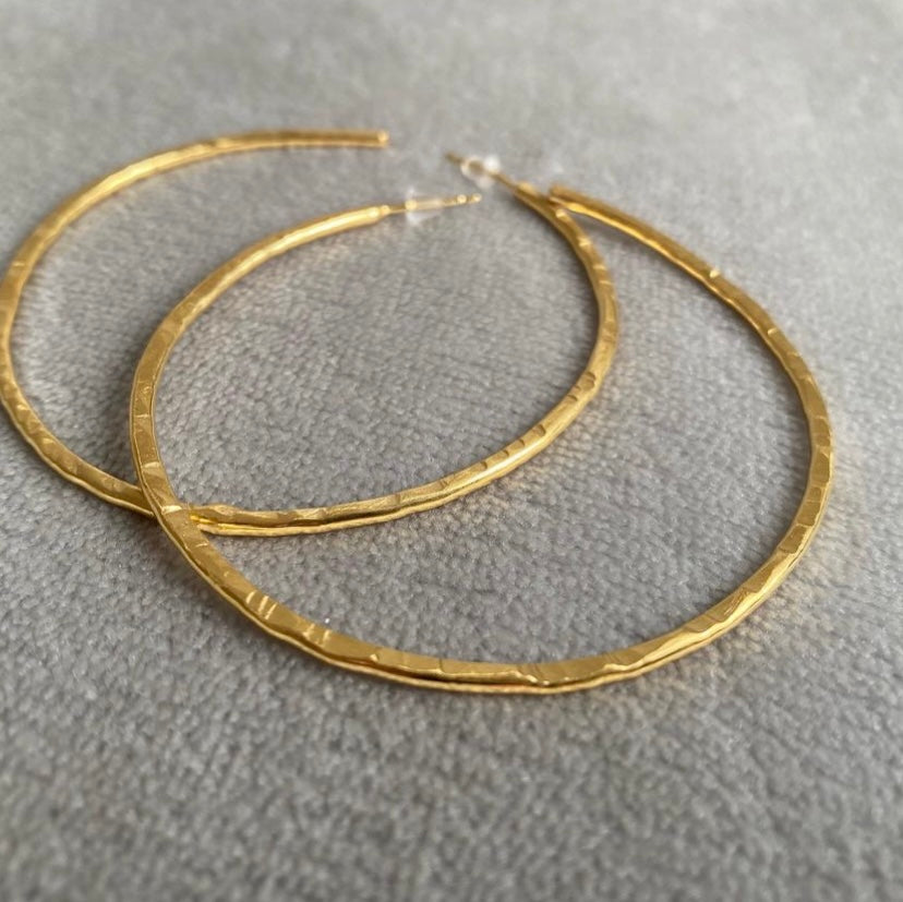 Large hammered gold plated silver hoop earrings